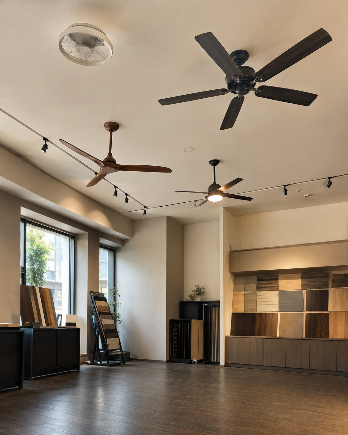 Ceiling fan showroom displaying multiple product styles