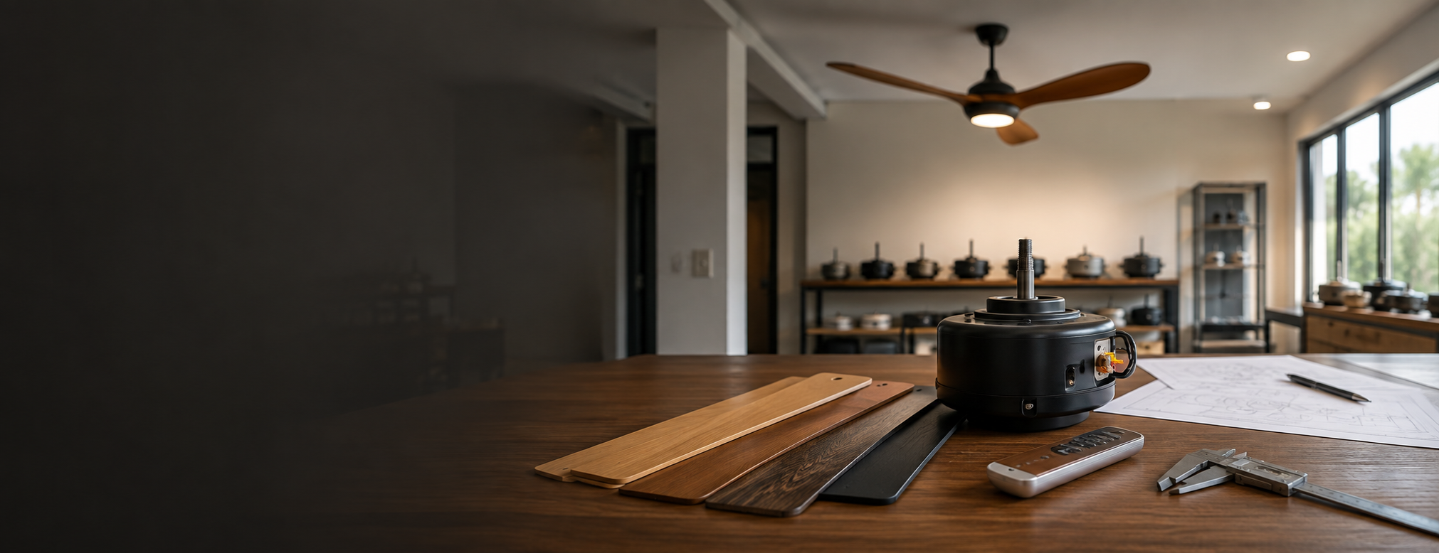 Ceiling fan motor, finish samples and product review materials