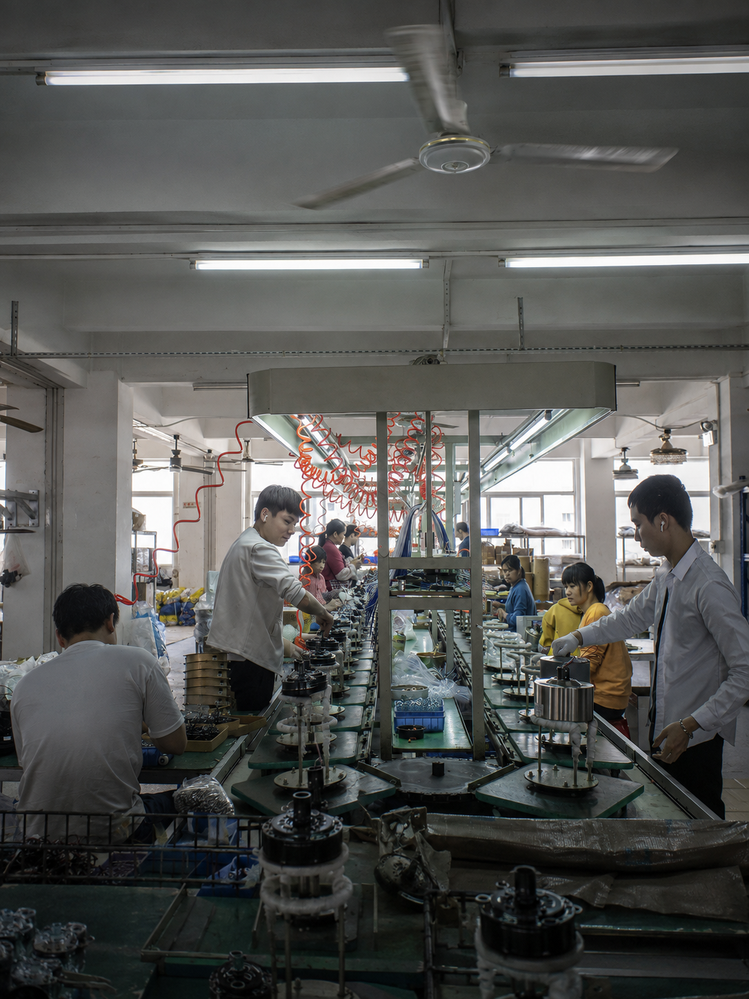 Ceiling fan motor assembly line in operation
