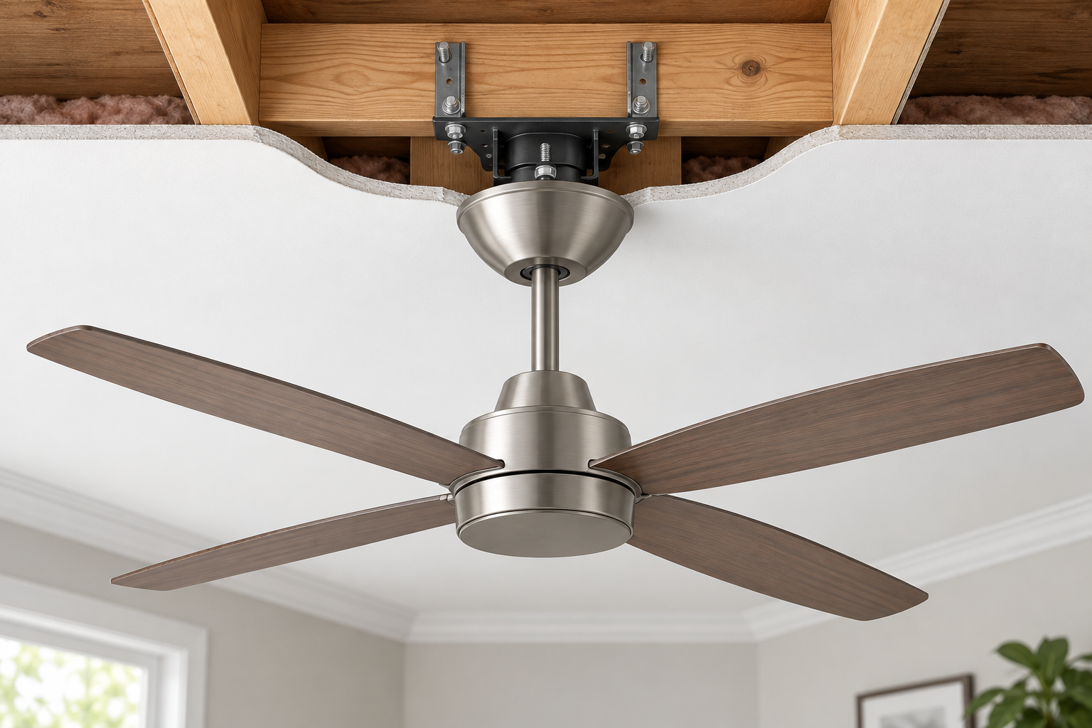 Ceiling fan installed beneath a plaster ceiling with its canopy covering the mounting opening