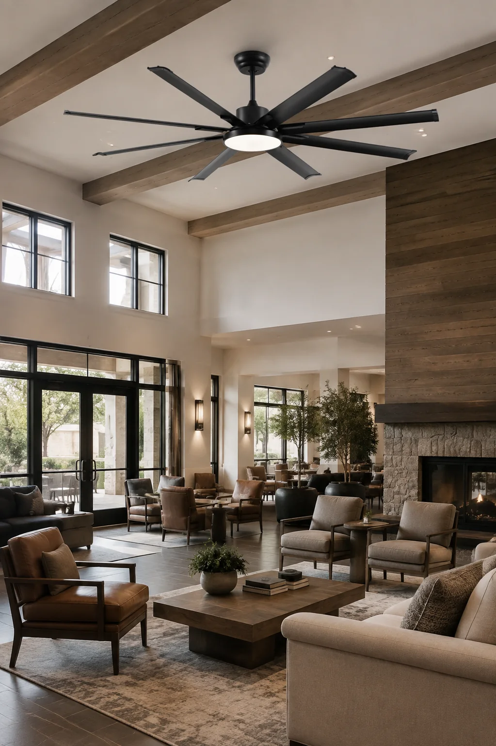 Ceiling fan in a spacious hospitality-style lounge
