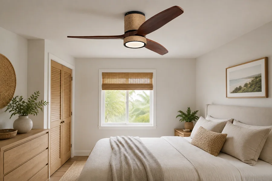 Low-profile ceiling fan in a furnished interior