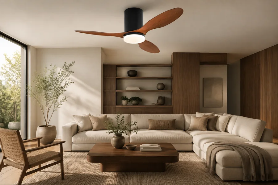 Dark wood-tone ceiling fan in a contemporary room