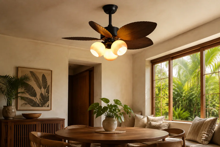 Ceiling fan with light in a warm dining room
