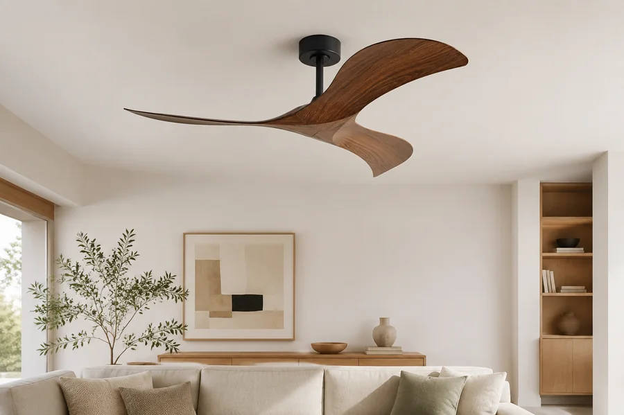 Walnut ceiling fan in a modern living room