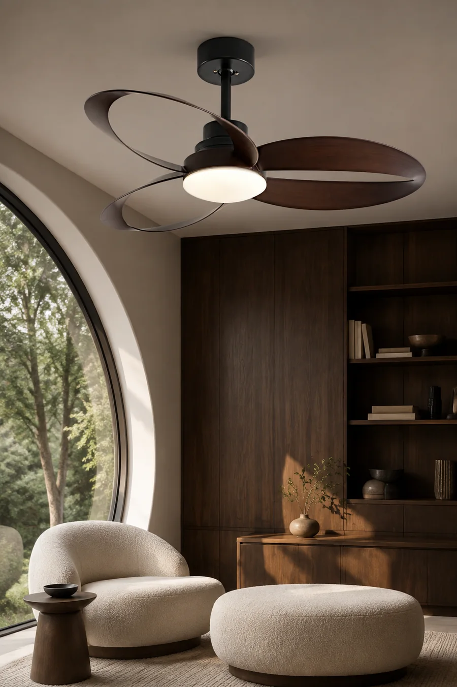 Wood-tone ceiling fan in a residential room