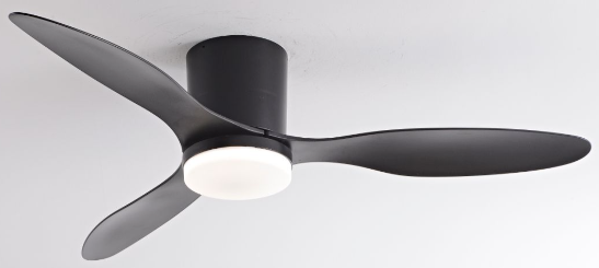 Close detail of a black ceiling fan with integrated light