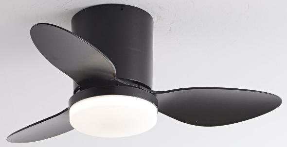 Low profile ceiling fan with LED light and remote control.