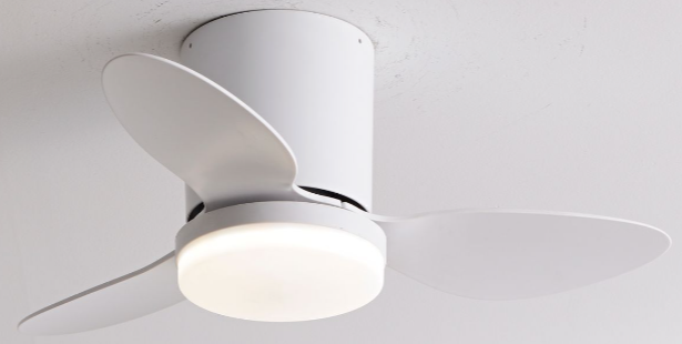 Flush mount ceiling fan light installed in a modern bedroom.