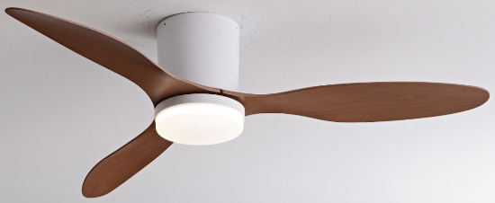 Decorative flush mount ceiling fan with brass-tone finish and light.