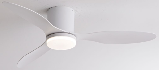 Caged flush mount ceiling fan with integrated light.