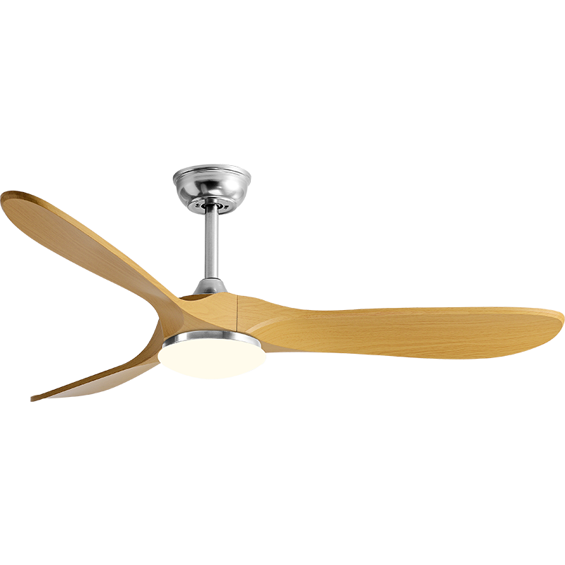 P-027L-3 downrod ceiling fan with light in satin nickel and wood grain