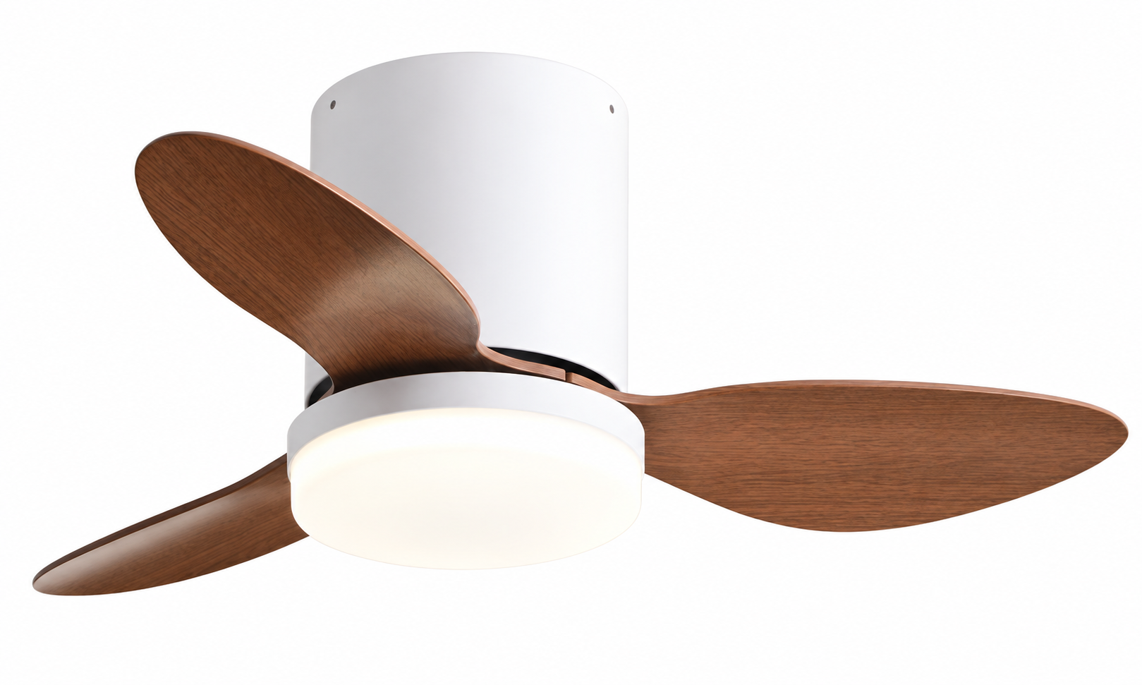 25 inch P-5042XL-3 compact low profile ceiling fan with light in white and walnut