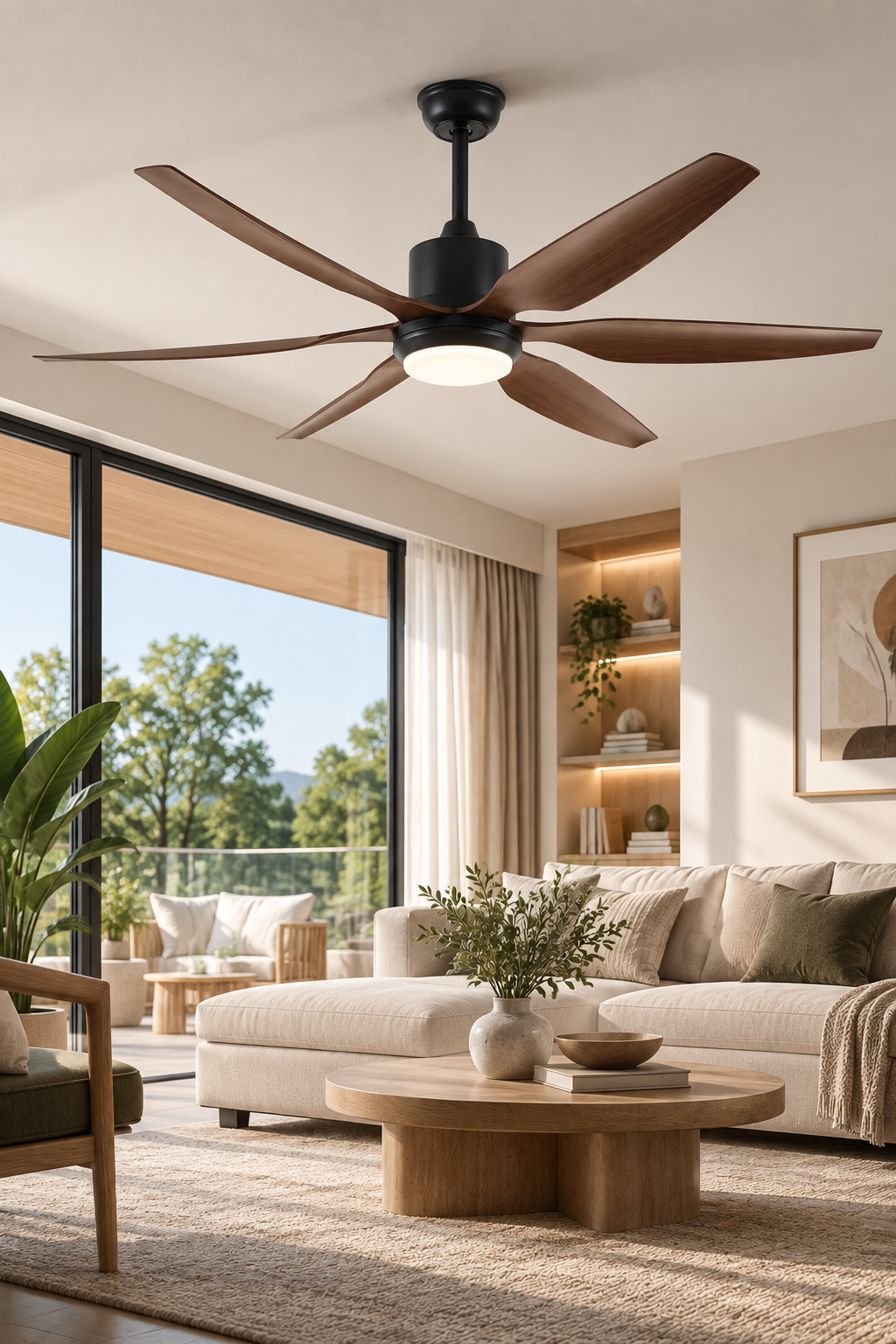 Wood blade ceiling fan with integrated light in a modern living room