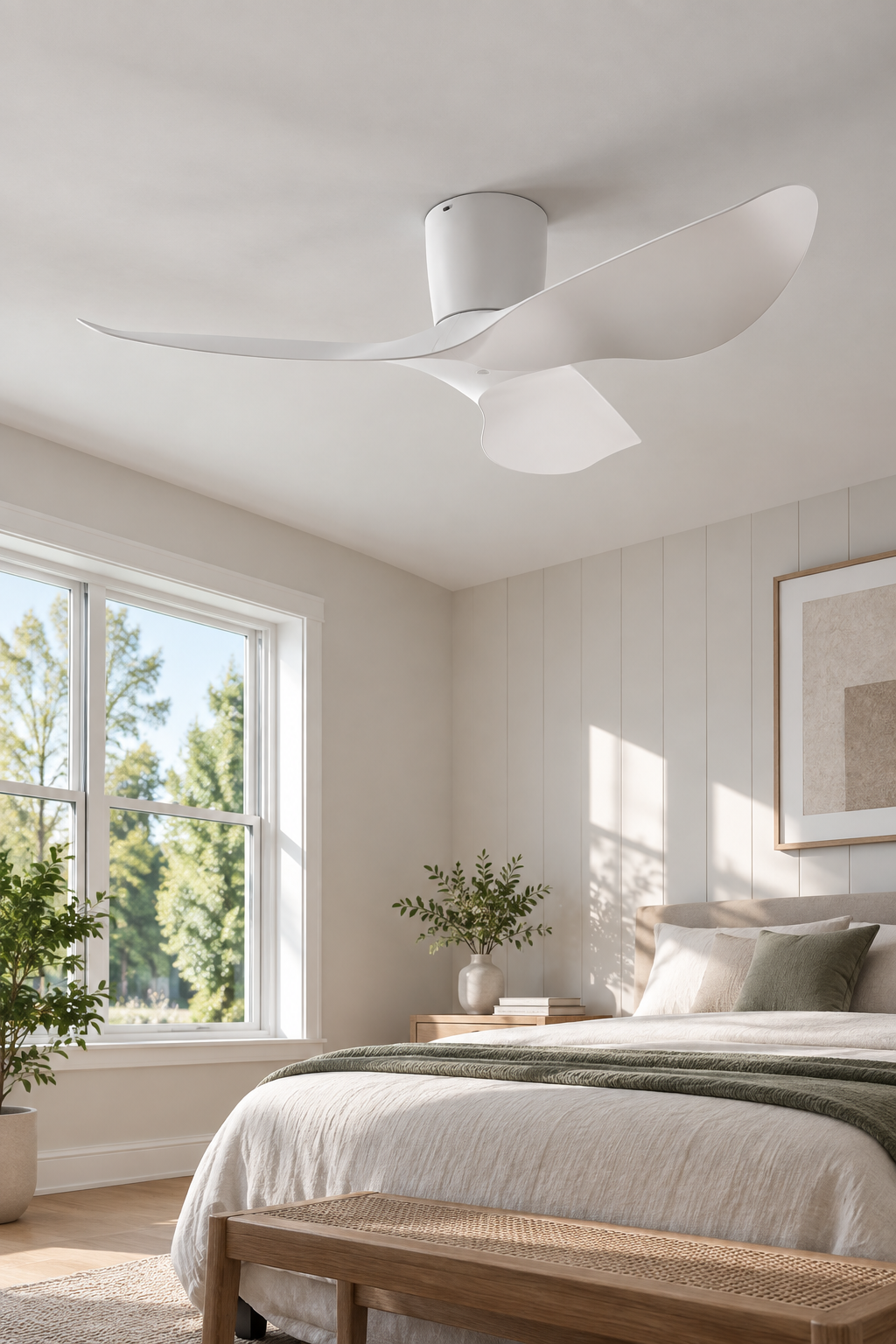 White ceiling fan without a light in a bright bedroom
