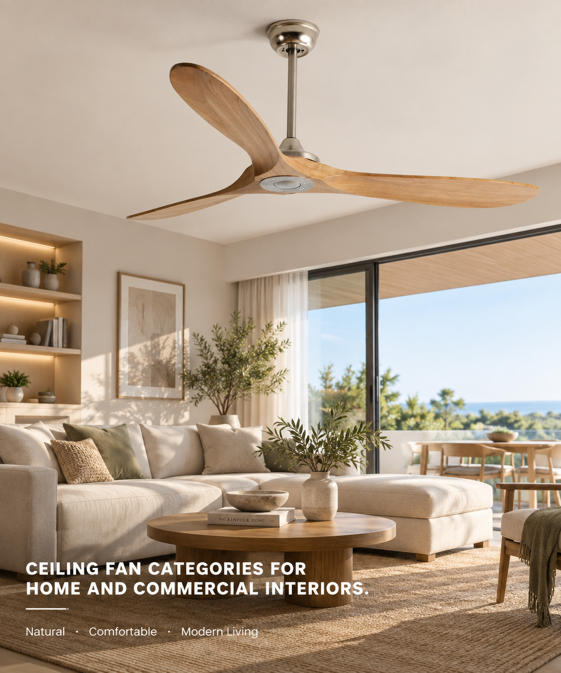Wood ceiling fan in a modern living room