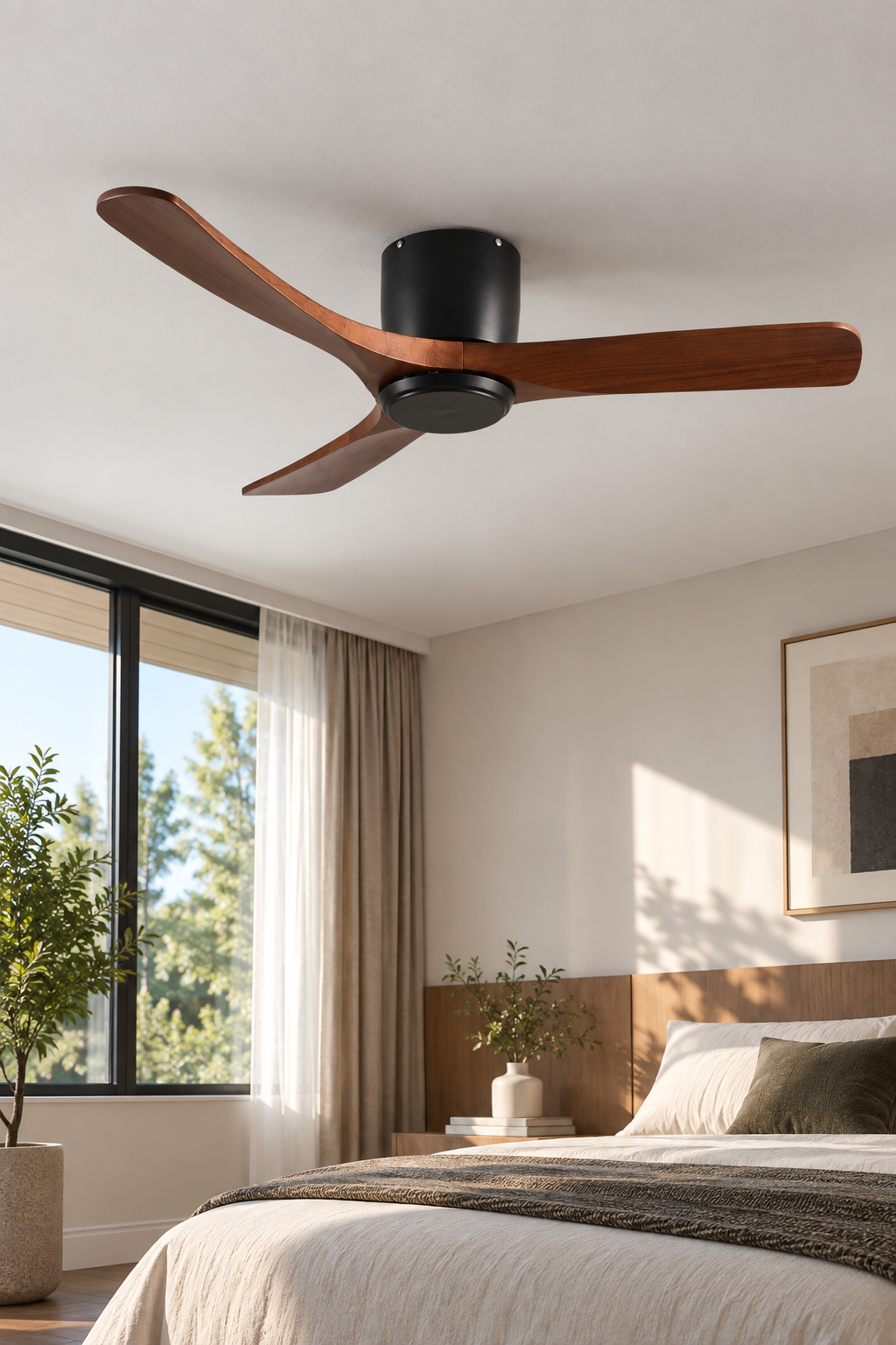 Low profile wood ceiling fan in a modern bedroom