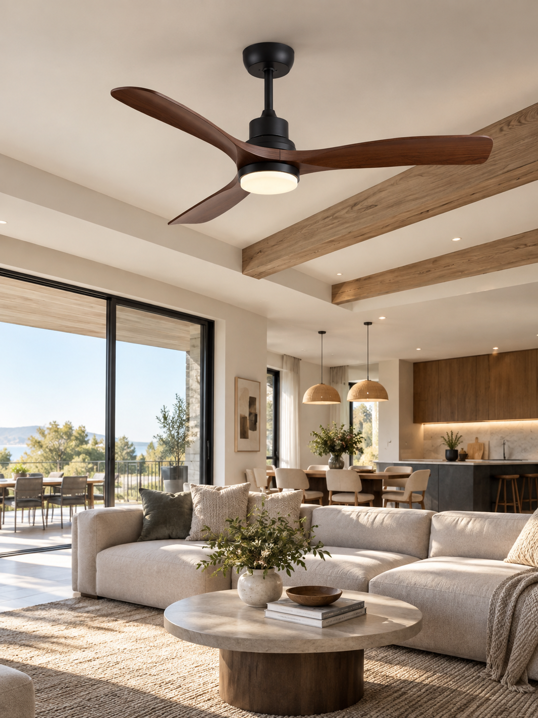 Wood blade ceiling fan with light in a modern living and dining area