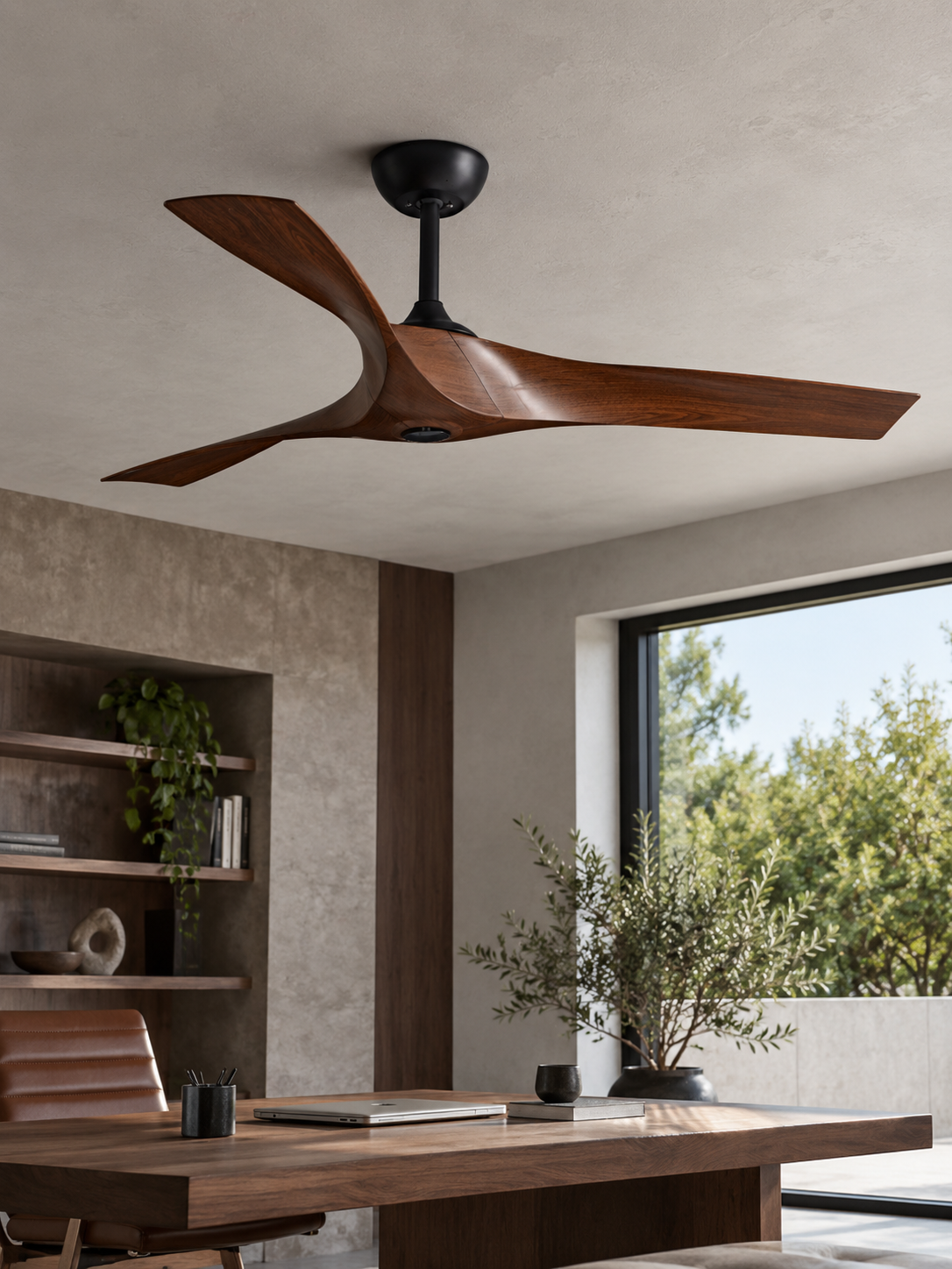 Wood blade ceiling fan above a modern home office